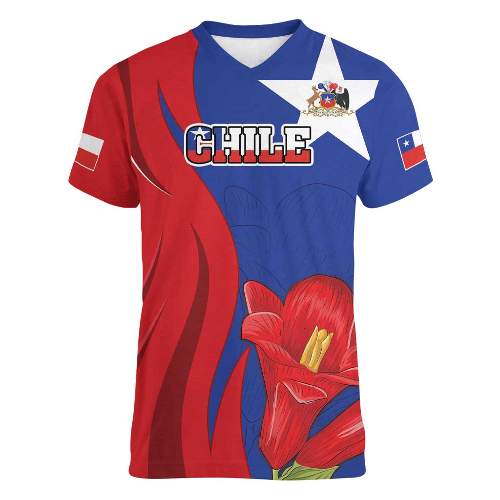 Custom Chile Independence Day Women V-Neck T-Shirt Lapageria Flower With Coat Of Arms - Wonder Print Shop