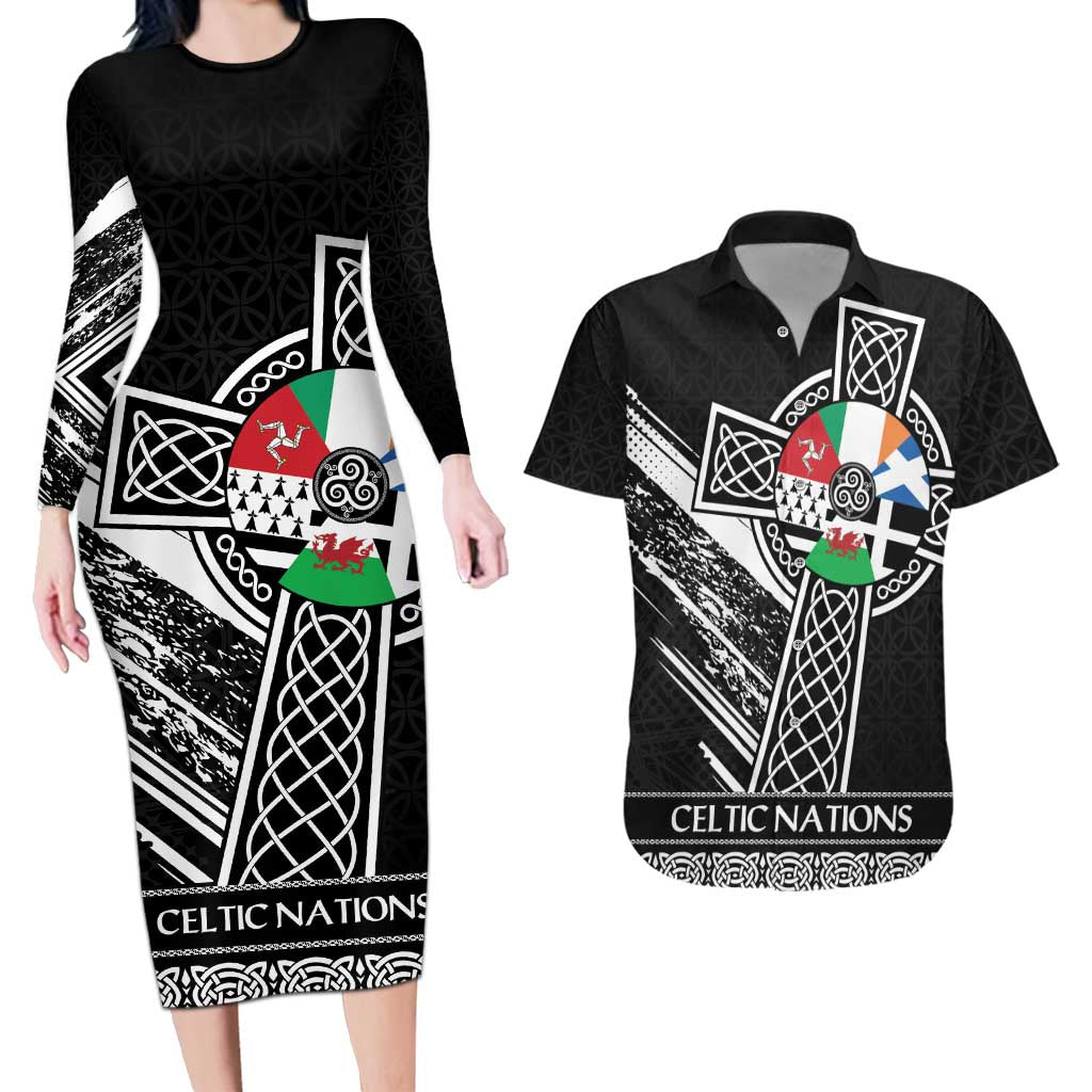 Cross Celtic Nations Couples Matching Long Sleeve Bodycon Dress and Hawaiian Shirt Six Celtic Countries Grunge Style - Wonder Print Shop
