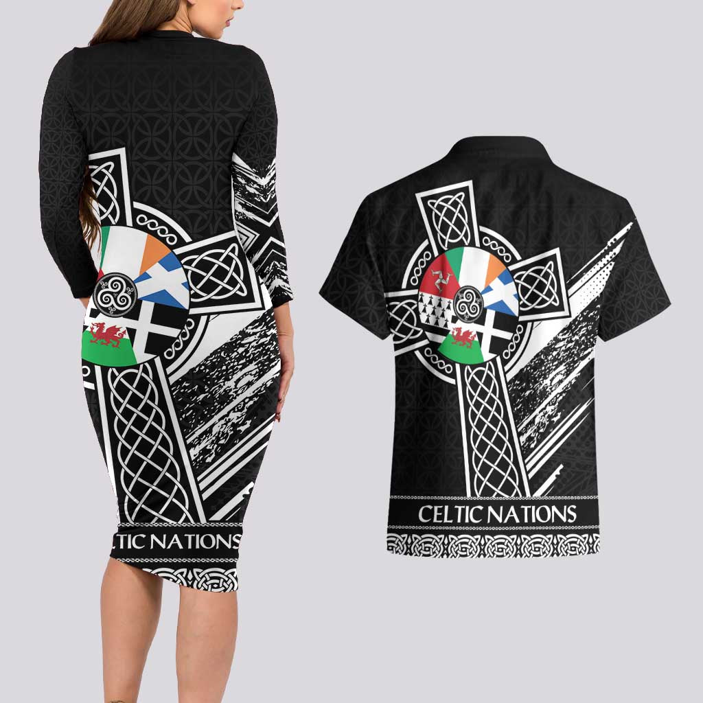 Cross Celtic Nations Couples Matching Long Sleeve Bodycon Dress and Hawaiian Shirt Six Celtic Countries Grunge Style - Wonder Print Shop
