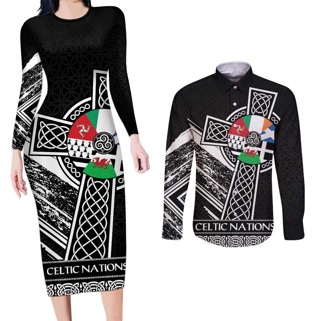 Cross Celtic Nations Couples Matching Long Sleeve Bodycon Dress and Long Sleeve Button Shirt Six Celtic Countries Grunge Style - Wonder Print Shop