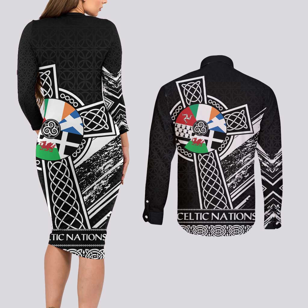Cross Celtic Nations Couples Matching Long Sleeve Bodycon Dress and Long Sleeve Button Shirt Six Celtic Countries Grunge Style - Wonder Print Shop