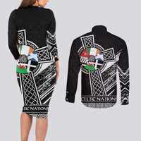 Cross Celtic Nations Couples Matching Long Sleeve Bodycon Dress and Long Sleeve Button Shirt Six Celtic Countries Grunge Style - Wonder Print Shop