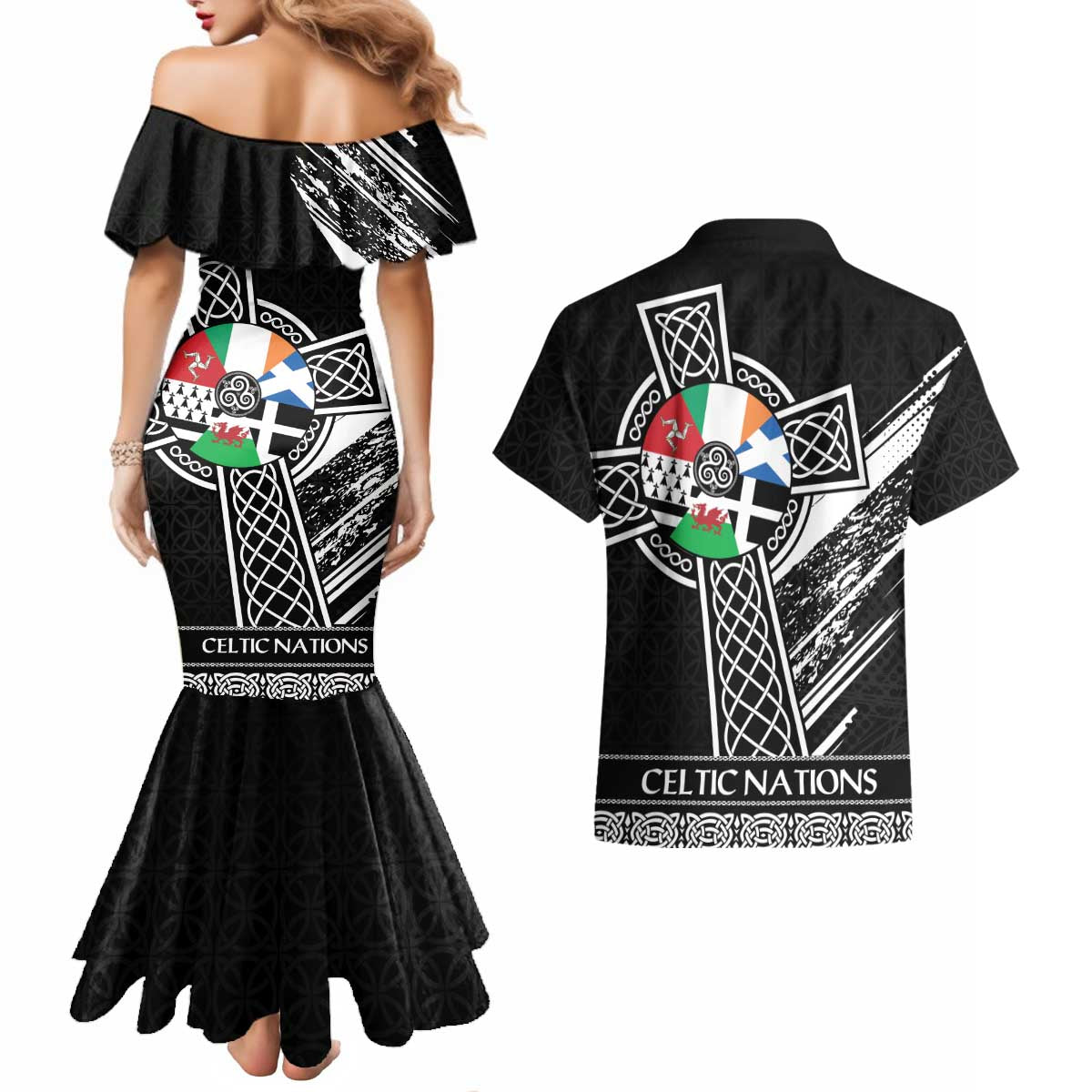 Cross Celtic Nations Couples Matching Mermaid Dress and Hawaiian Shirt Six Celtic Countries Grunge Style - Wonder Print Shop