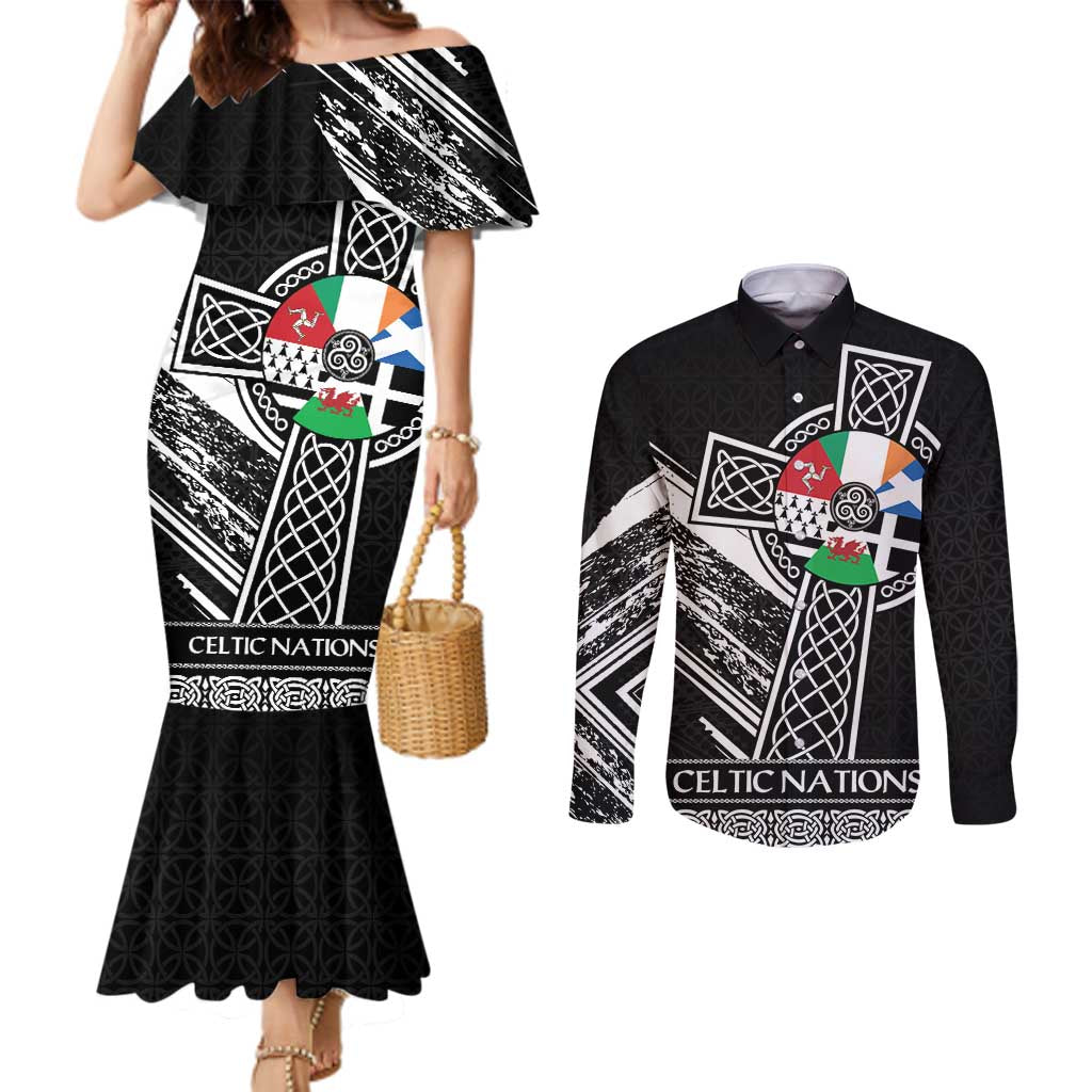 Cross Celtic Nations Couples Matching Mermaid Dress and Long Sleeve Button Shirt Six Celtic Countries Grunge Style - Wonder Print Shop