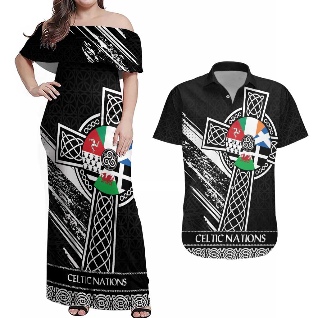 Cross Celtic Nations Couples Matching Off Shoulder Maxi Dress and Hawaiian Shirt Six Celtic Countries Grunge Style - Wonder Print Shop