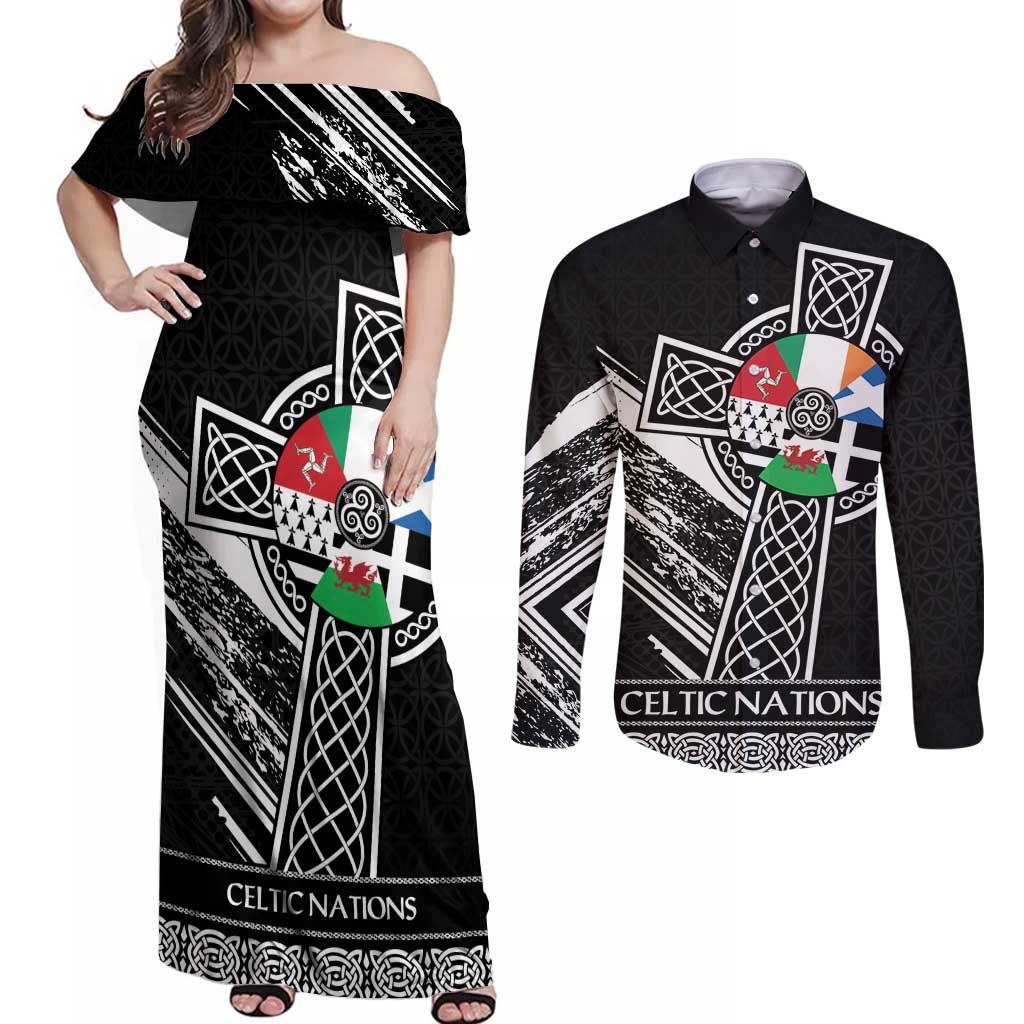 Cross Celtic Nations Couples Matching Off Shoulder Maxi Dress and Long Sleeve Button Shirt Six Celtic Countries Grunge Style - Wonder Print Shop