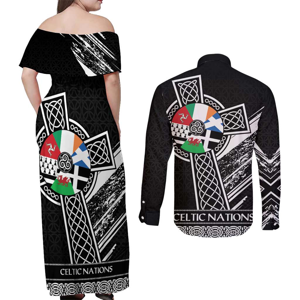 Cross Celtic Nations Couples Matching Off Shoulder Maxi Dress and Long Sleeve Button Shirt Six Celtic Countries Grunge Style - Wonder Print Shop