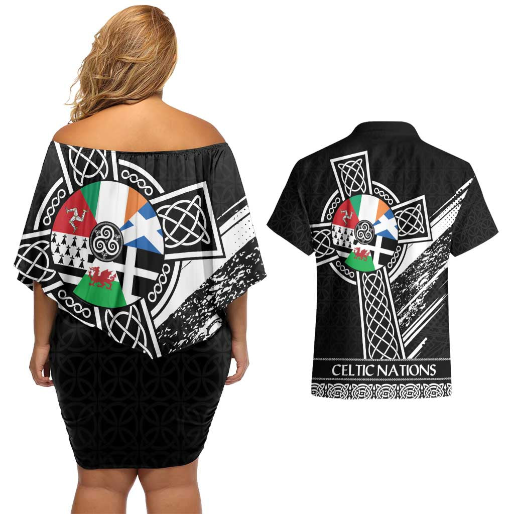 Cross Celtic Nations Couples Matching Off Shoulder Short Dress and Hawaiian Shirt Six Celtic Countries Grunge Style - Wonder Print Shop