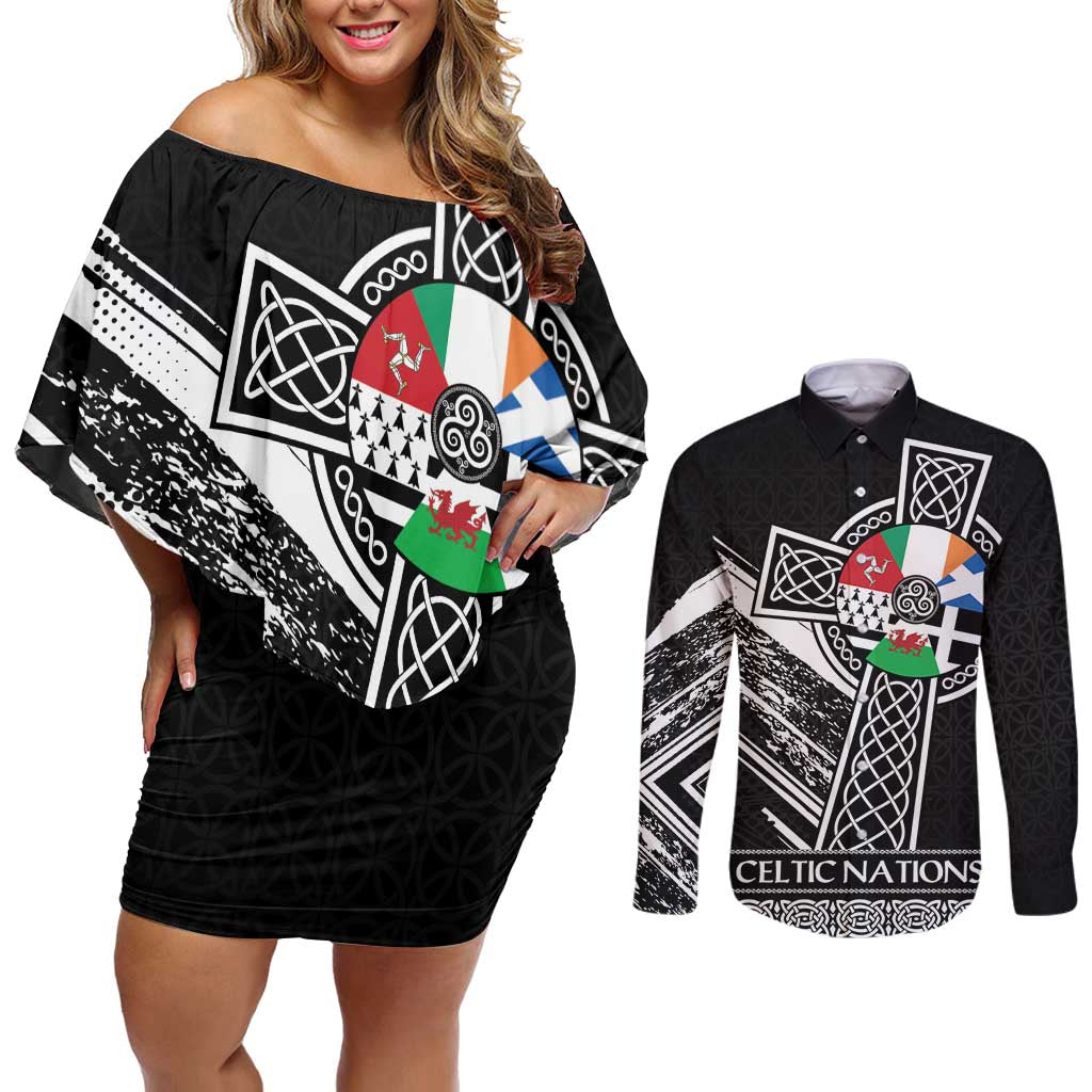 Cross Celtic Nations Couples Matching Off Shoulder Short Dress and Long Sleeve Button Shirt Six Celtic Countries Grunge Style - Wonder Print Shop
