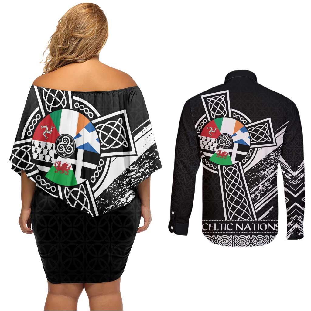 Cross Celtic Nations Couples Matching Off Shoulder Short Dress and Long Sleeve Button Shirt Six Celtic Countries Grunge Style - Wonder Print Shop