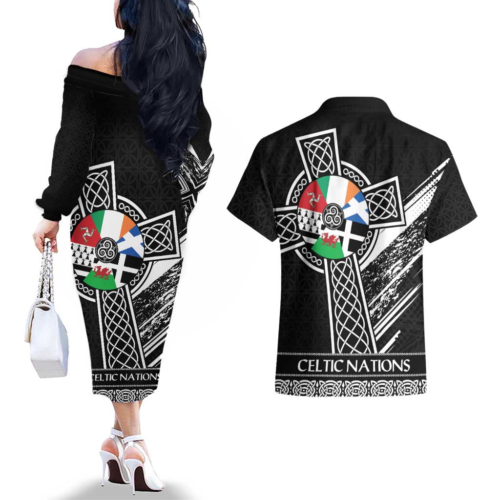 Cross Celtic Nations Couples Matching Off The Shoulder Long Sleeve Dress and Hawaiian Shirt Six Celtic Countries Grunge Style - Wonder Print Shop