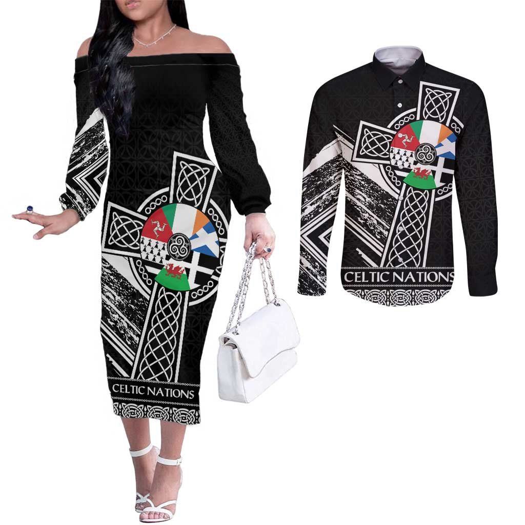Cross Celtic Nations Couples Matching Off The Shoulder Long Sleeve Dress and Long Sleeve Button Shirt Six Celtic Countries Grunge Style - Wonder Print Shop