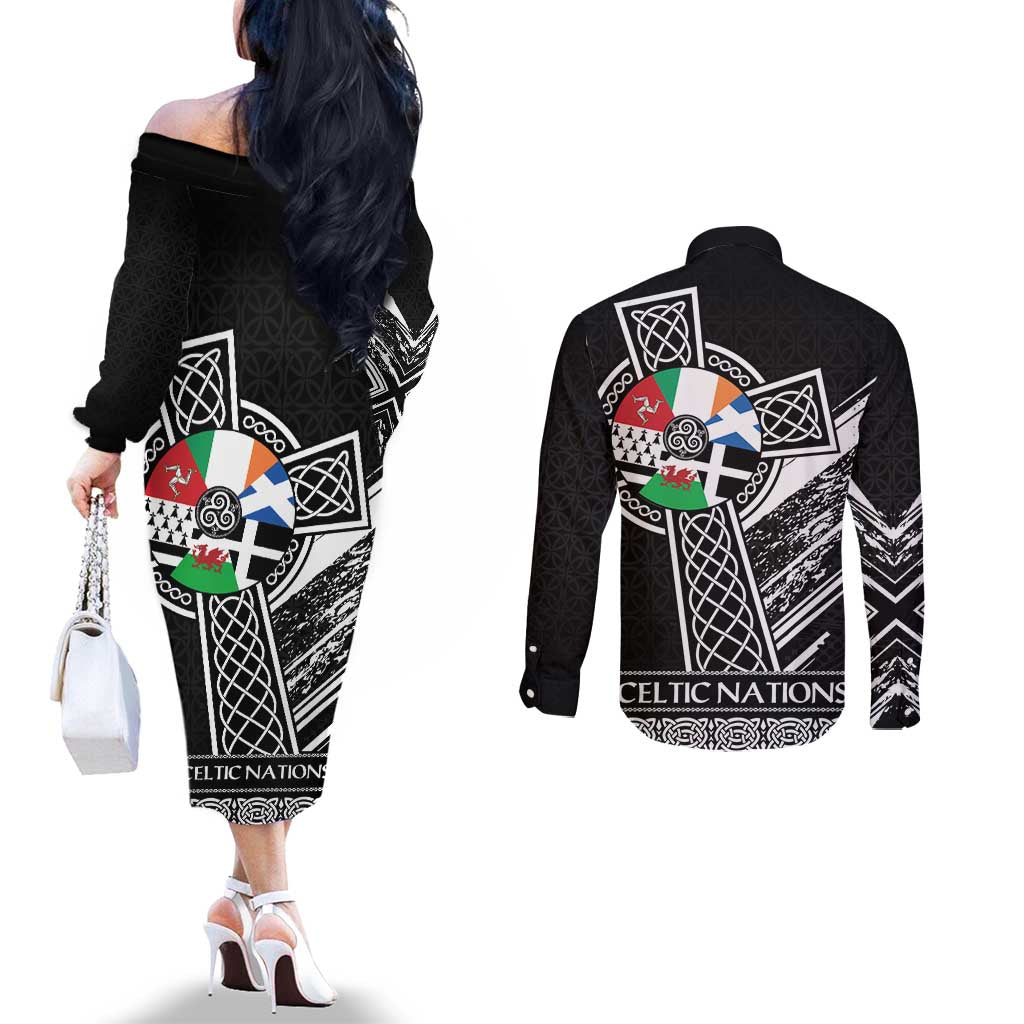 Cross Celtic Nations Couples Matching Off The Shoulder Long Sleeve Dress and Long Sleeve Button Shirt Six Celtic Countries Grunge Style - Wonder Print Shop