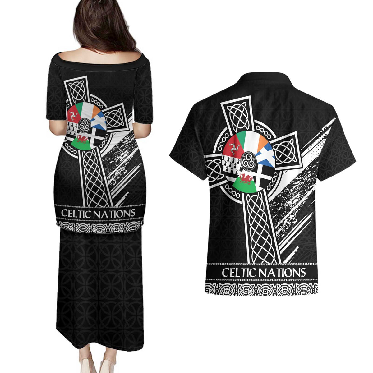 Cross Celtic Nations Couples Matching Puletasi and Hawaiian Shirt Six Celtic Countries Grunge Style - Wonder Print Shop