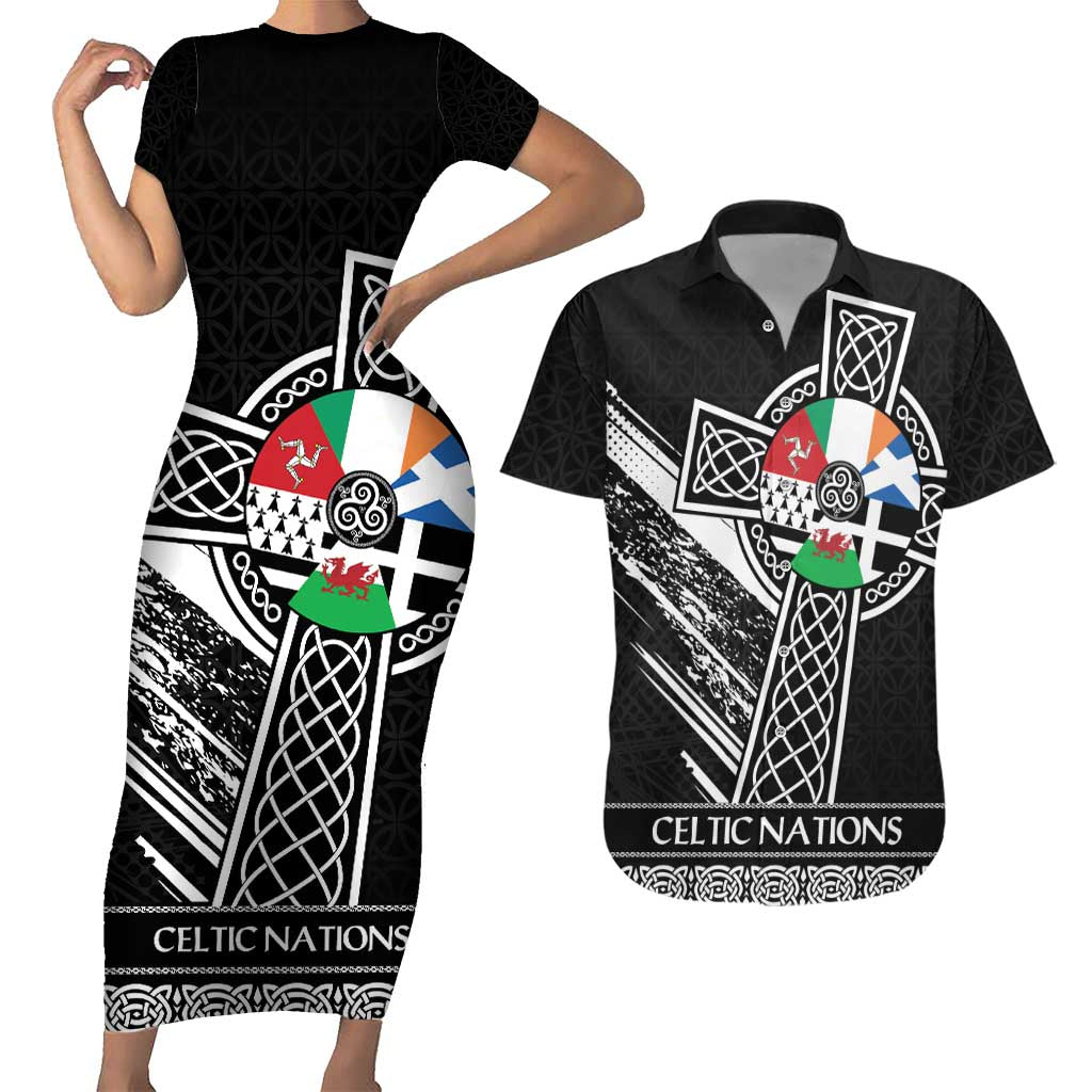 Cross Celtic Nations Couples Matching Short Sleeve Bodycon Dress and Hawaiian Shirt Six Celtic Countries Grunge Style - Wonder Print Shop