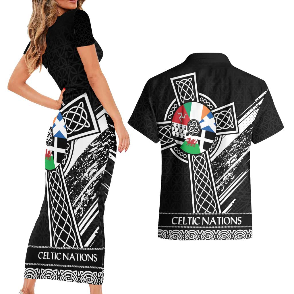 Cross Celtic Nations Couples Matching Short Sleeve Bodycon Dress and Hawaiian Shirt Six Celtic Countries Grunge Style - Wonder Print Shop