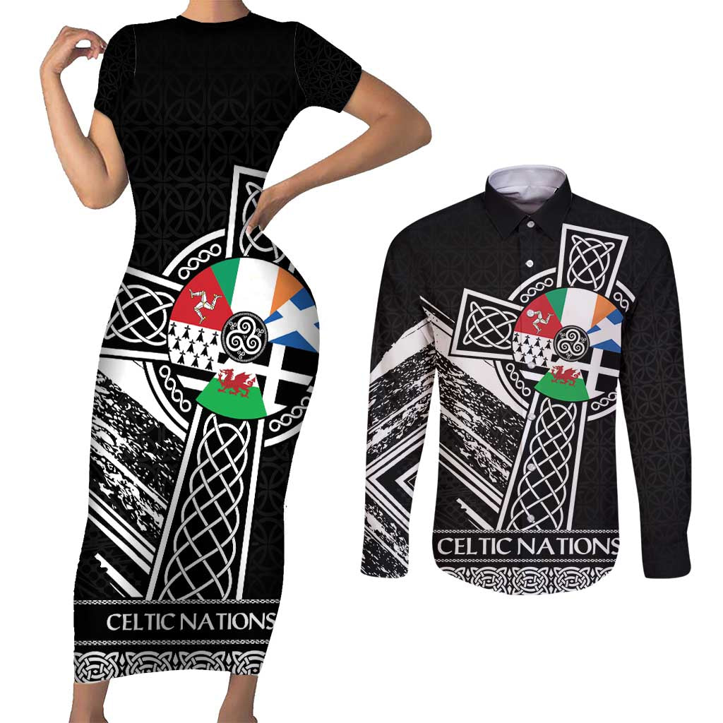 Cross Celtic Nations Couples Matching Short Sleeve Bodycon Dress and Long Sleeve Button Shirt Six Celtic Countries Grunge Style - Wonder Print Shop