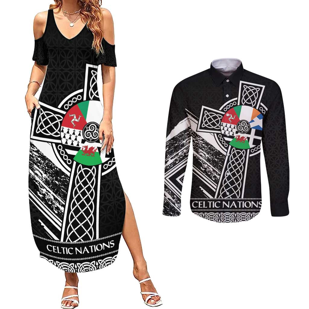Cross Celtic Nations Couples Matching Summer Maxi Dress and Long Sleeve Button Shirt Six Celtic Countries Grunge Style - Wonder Print Shop