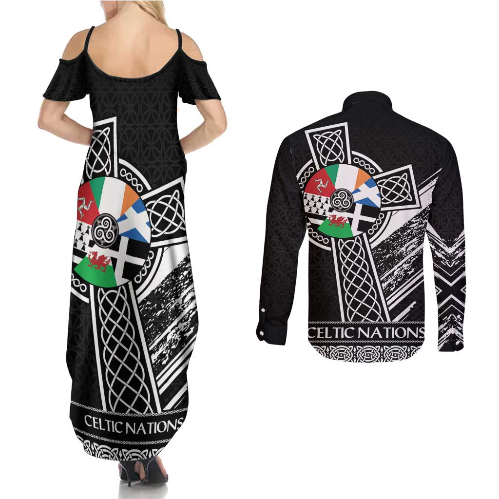 Cross Celtic Nations Couples Matching Summer Maxi Dress and Long Sleeve Button Shirt Six Celtic Countries Grunge Style - Wonder Print Shop