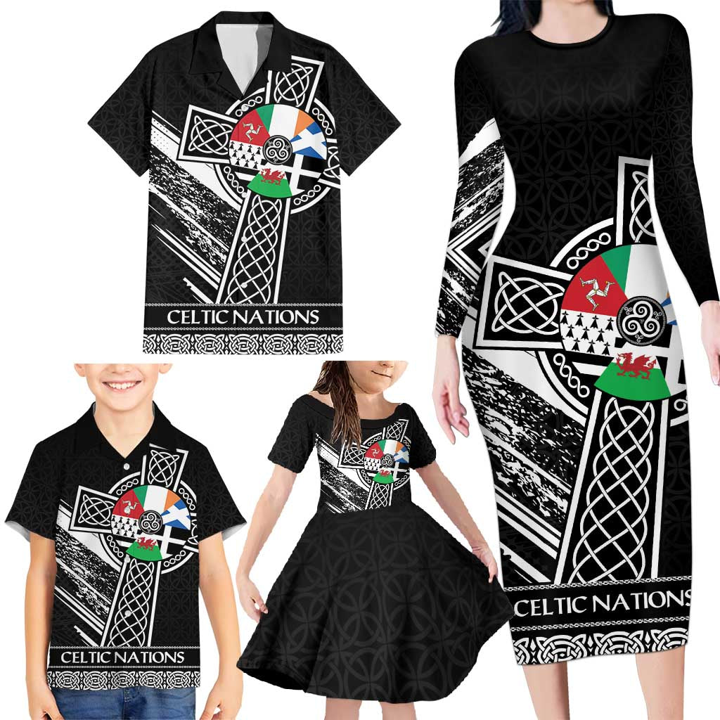 Cross Celtic Nations Family Matching Long Sleeve Bodycon Dress and Hawaiian Shirt Six Celtic Countries Grunge Style - Wonder Print Shop