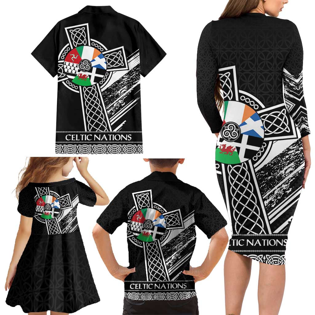 Cross Celtic Nations Family Matching Long Sleeve Bodycon Dress and Hawaiian Shirt Six Celtic Countries Grunge Style - Wonder Print Shop