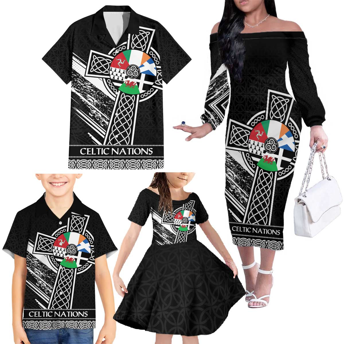 Cross Celtic Nations Family Matching Off The Shoulder Long Sleeve Dress and Hawaiian Shirt Six Celtic Countries Grunge Style - Wonder Print Shop