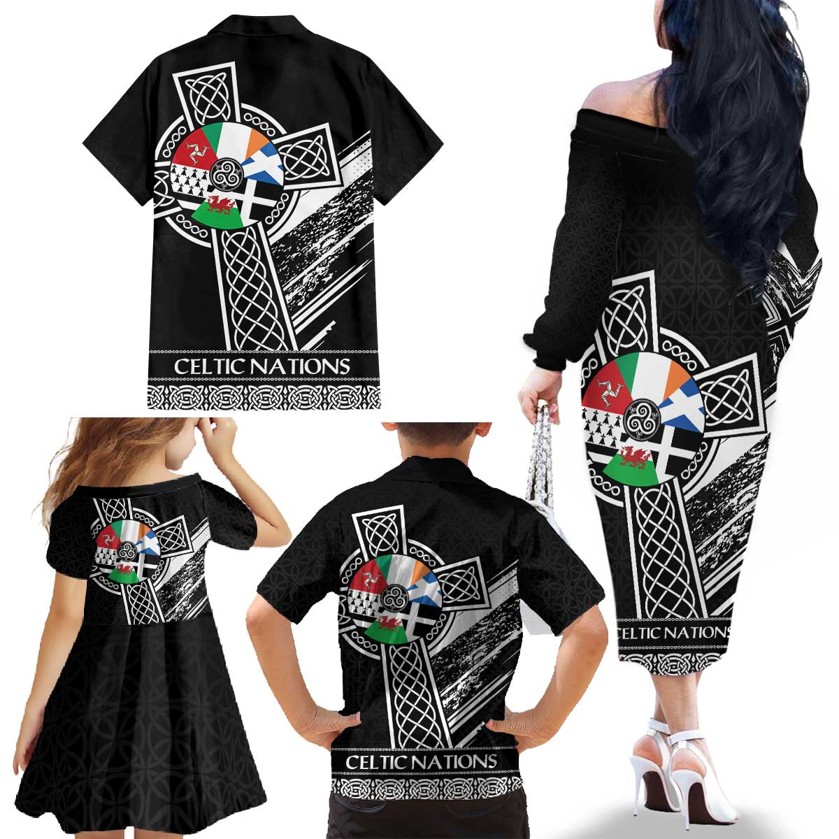 Cross Celtic Nations Family Matching Off The Shoulder Long Sleeve Dress and Hawaiian Shirt Six Celtic Countries Grunge Style - Wonder Print Shop