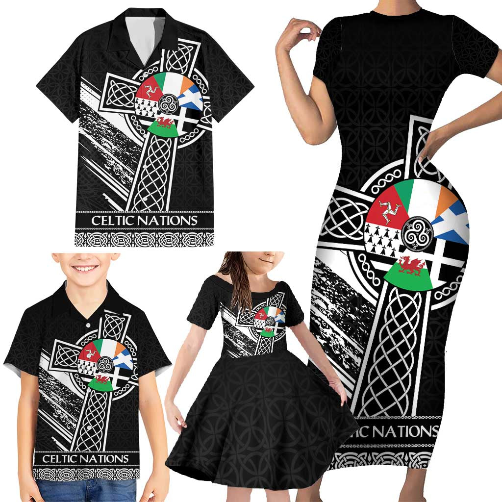 Cross Celtic Nations Family Matching Short Sleeve Bodycon Dress and Hawaiian Shirt Six Celtic Countries Grunge Style - Wonder Print Shop