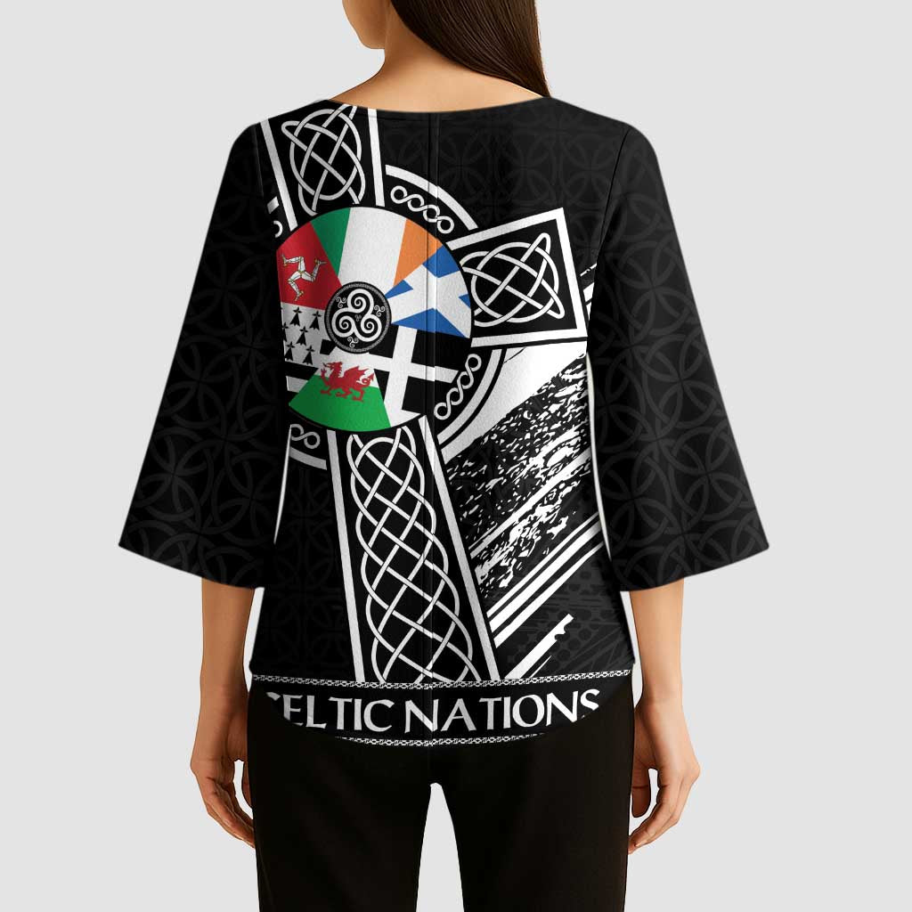 Cross Celtic Nations Kimono Sleeve Blouse Six Celtic Countries Grunge Style - Wonder Print Shop