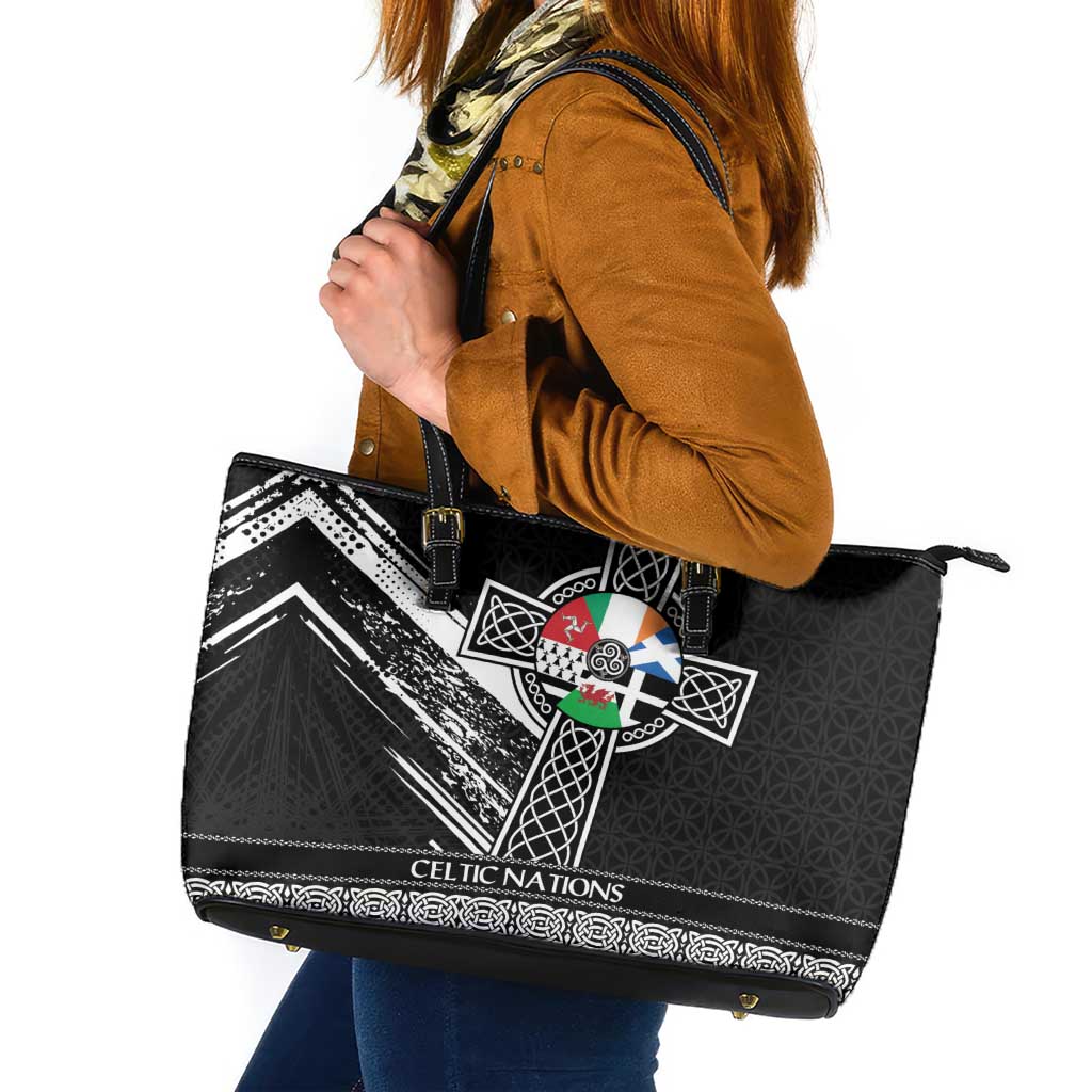 Cross Celtic Nations Leather Tote Bag Six Celtic Countries Grunge Style - Wonder Print Shop