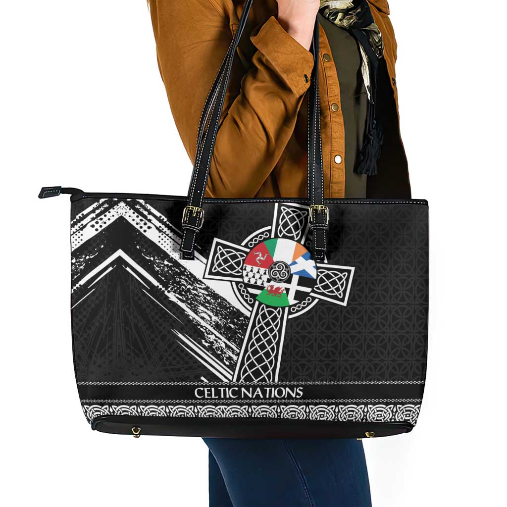 Cross Celtic Nations Leather Tote Bag Six Celtic Countries Grunge Style - Wonder Print Shop