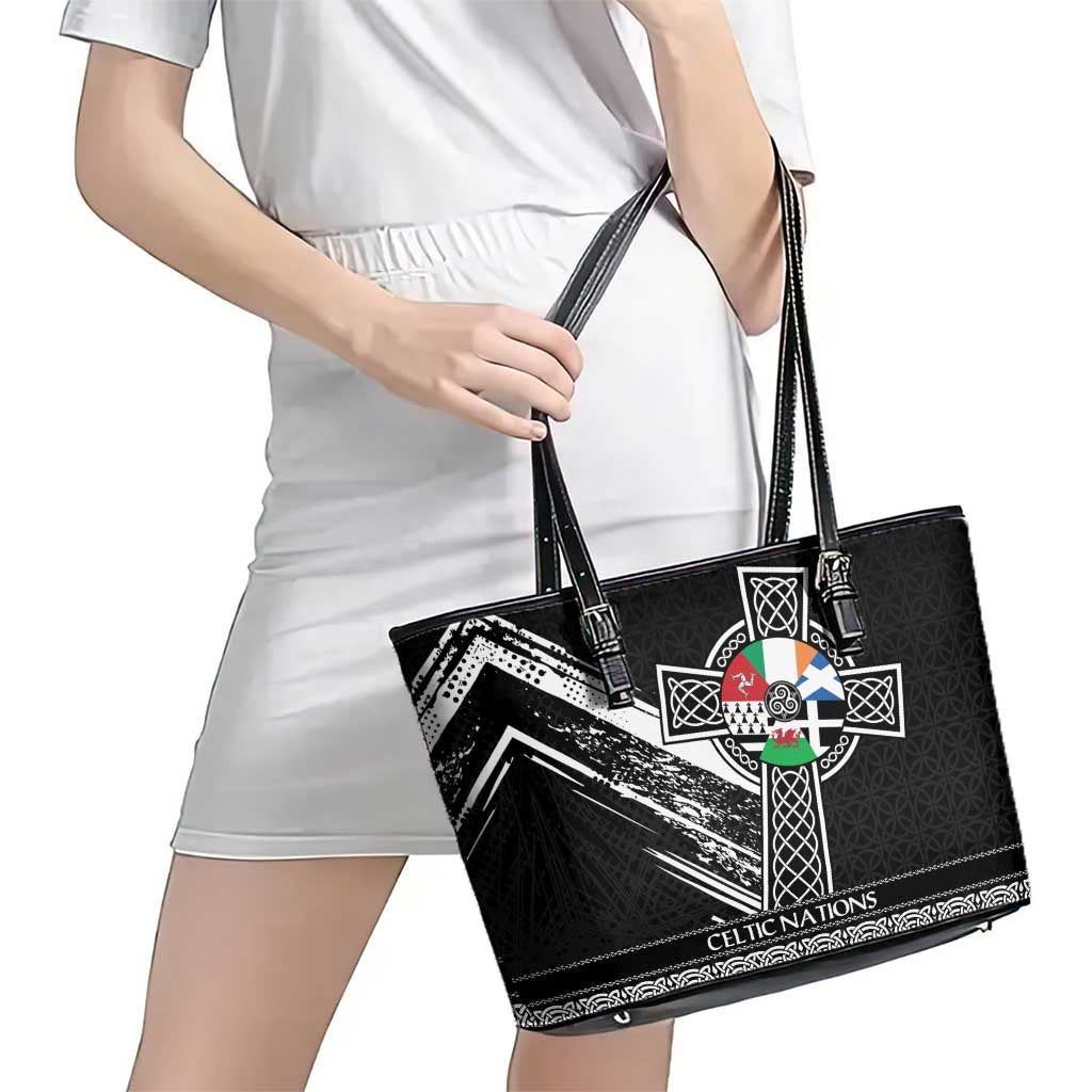 Cross Celtic Nations Leather Tote Bag Six Celtic Countries Grunge Style - Wonder Print Shop