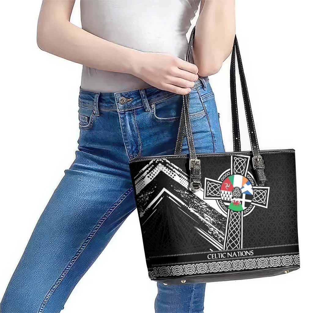 Cross Celtic Nations Leather Tote Bag Six Celtic Countries Grunge Style - Wonder Print Shop