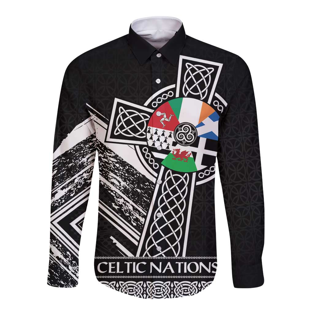 Cross Celtic Nations Long Sleeve Button Shirt Six Celtic Countries Grunge Style - Wonder Print Shop