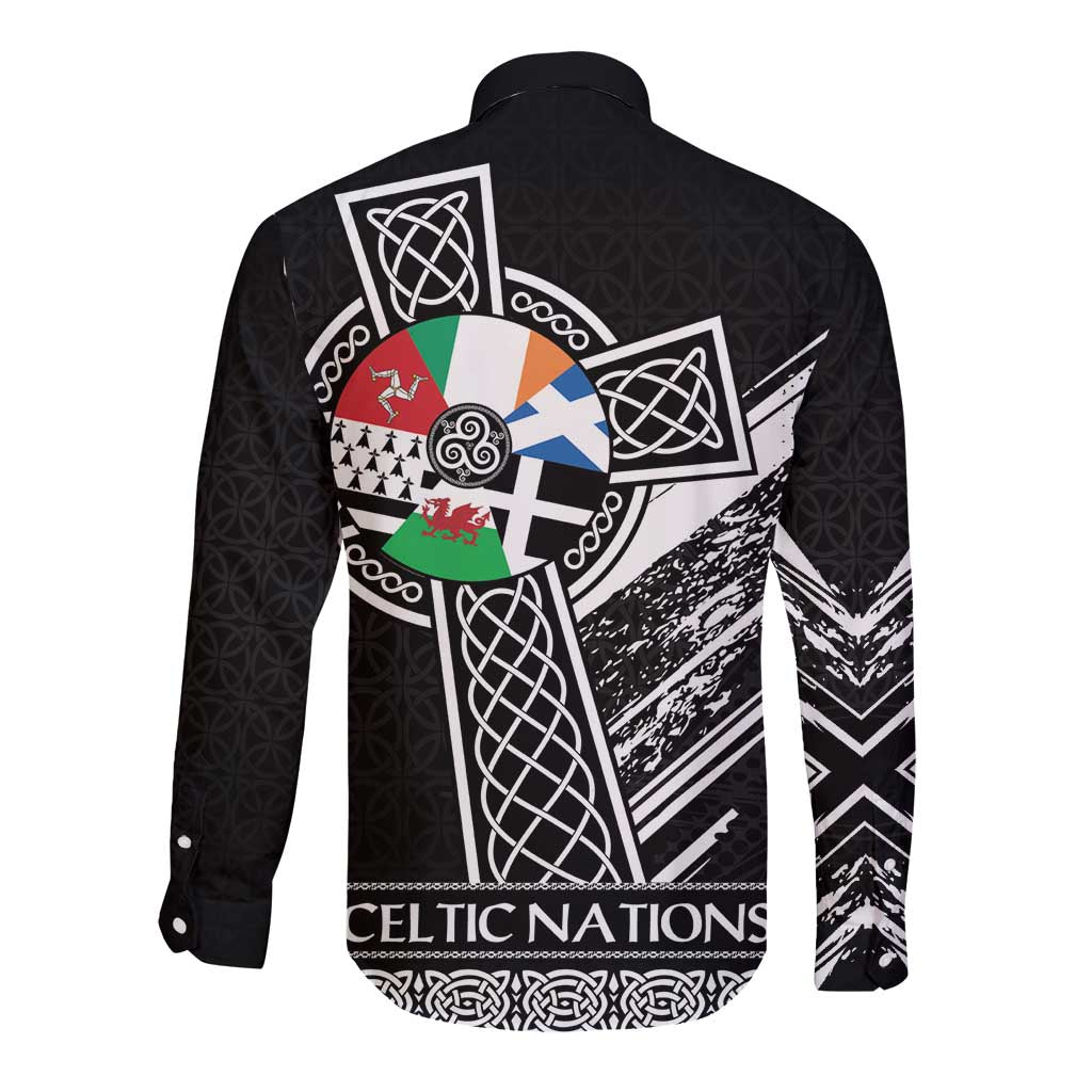 Cross Celtic Nations Long Sleeve Button Shirt Six Celtic Countries Grunge Style - Wonder Print Shop