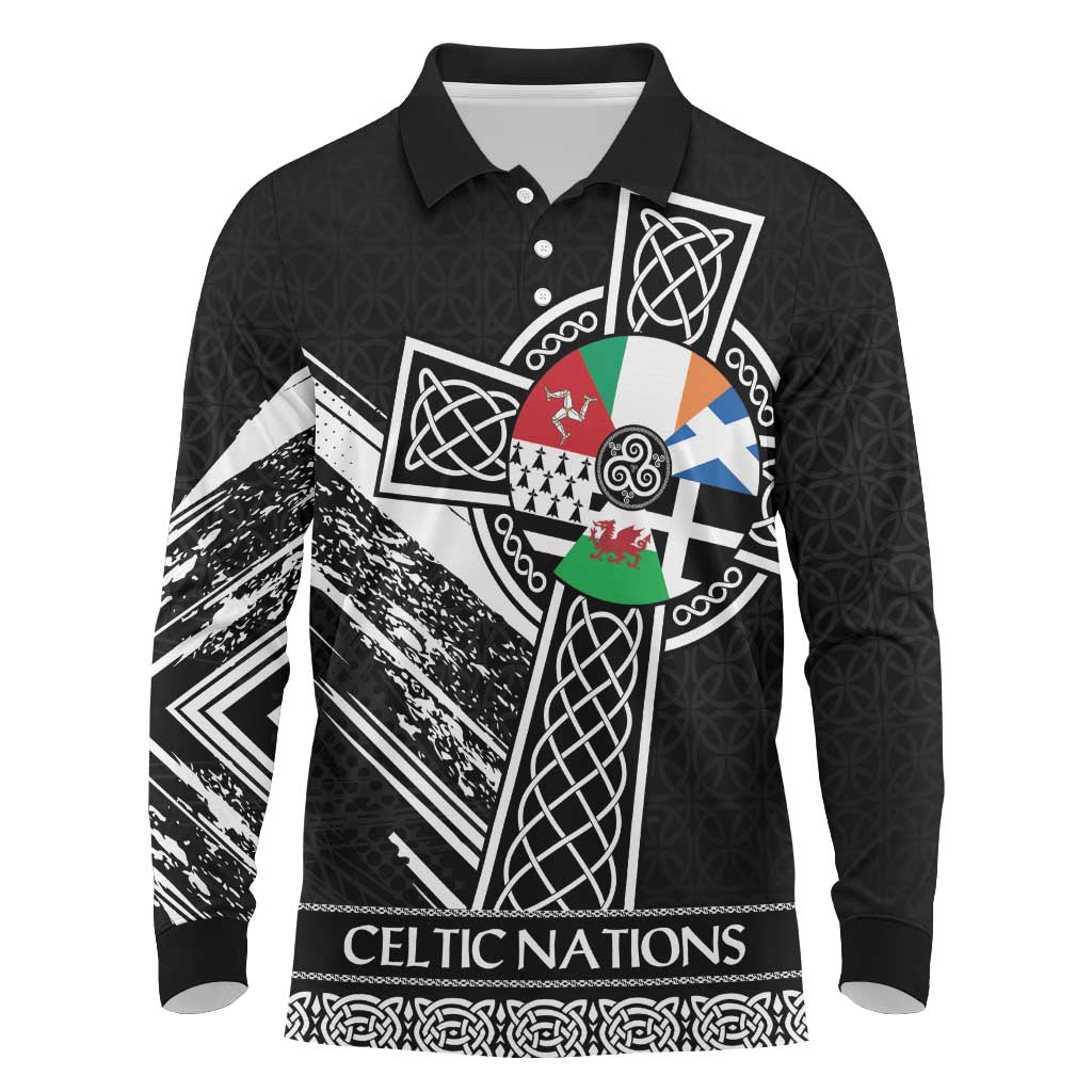 Cross Celtic Nations Long Sleeve Polo Shirt Six Celtic Countries Grunge Style - Wonder Print Shop