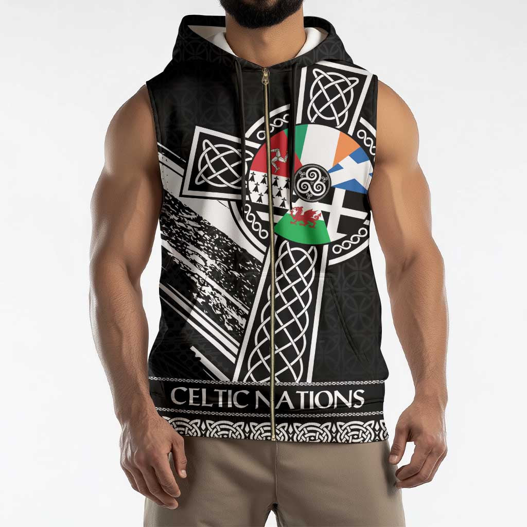 Cross Celtic Nations Sleeveless Zip Hoodie Six Celtic Countries Grunge Style - Wonder Print Shop