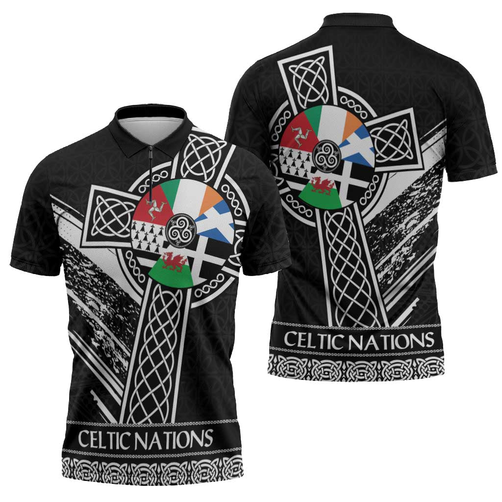 Cross Celtic Nations Zipper Polo Shirt Six Celtic Countries Grunge Style - Wonder Print Shop