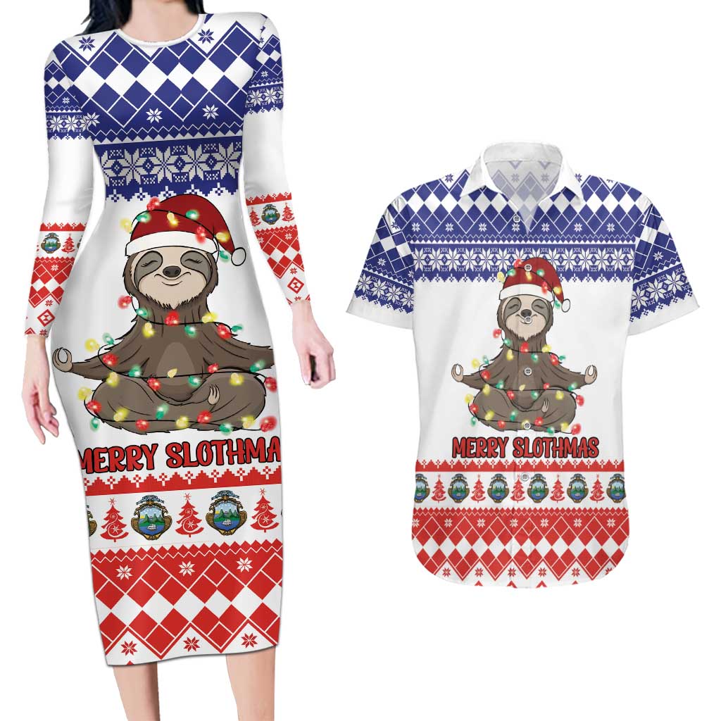 Costa Rica Christmas Couples Matching Long Sleeve Bodycon Dress and Hawaiian Shirt Merry Slothmas - Wonder Print Shop