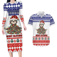 Costa Rica Christmas Couples Matching Long Sleeve Bodycon Dress and Hawaiian Shirt Merry Slothmas - Wonder Print Shop