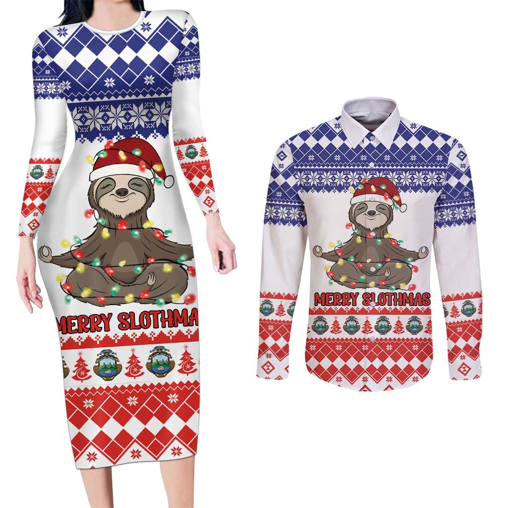 Costa Rica Christmas Couples Matching Long Sleeve Bodycon Dress and Long Sleeve Button Shirt Merry Slothmas - Wonder Print Shop