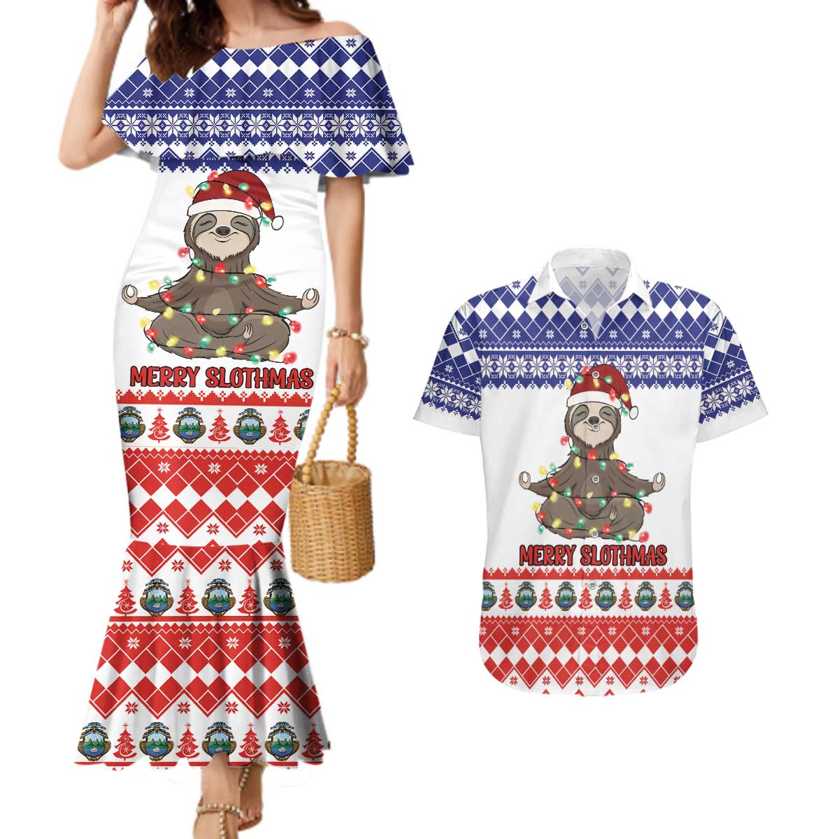 Costa Rica Christmas Couples Matching Mermaid Dress and Hawaiian Shirt Merry Slothmas - Wonder Print Shop