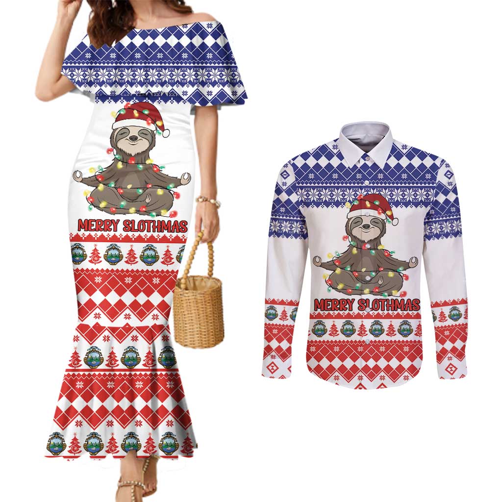 Costa Rica Christmas Couples Matching Mermaid Dress and Long Sleeve Button Shirt Merry Slothmas - Wonder Print Shop