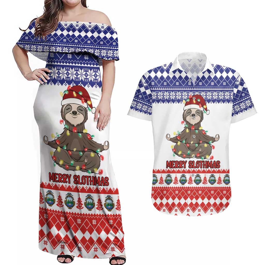 Costa Rica Christmas Couples Matching Off Shoulder Maxi Dress and Hawaiian Shirt Merry Slothmas - Wonder Print Shop