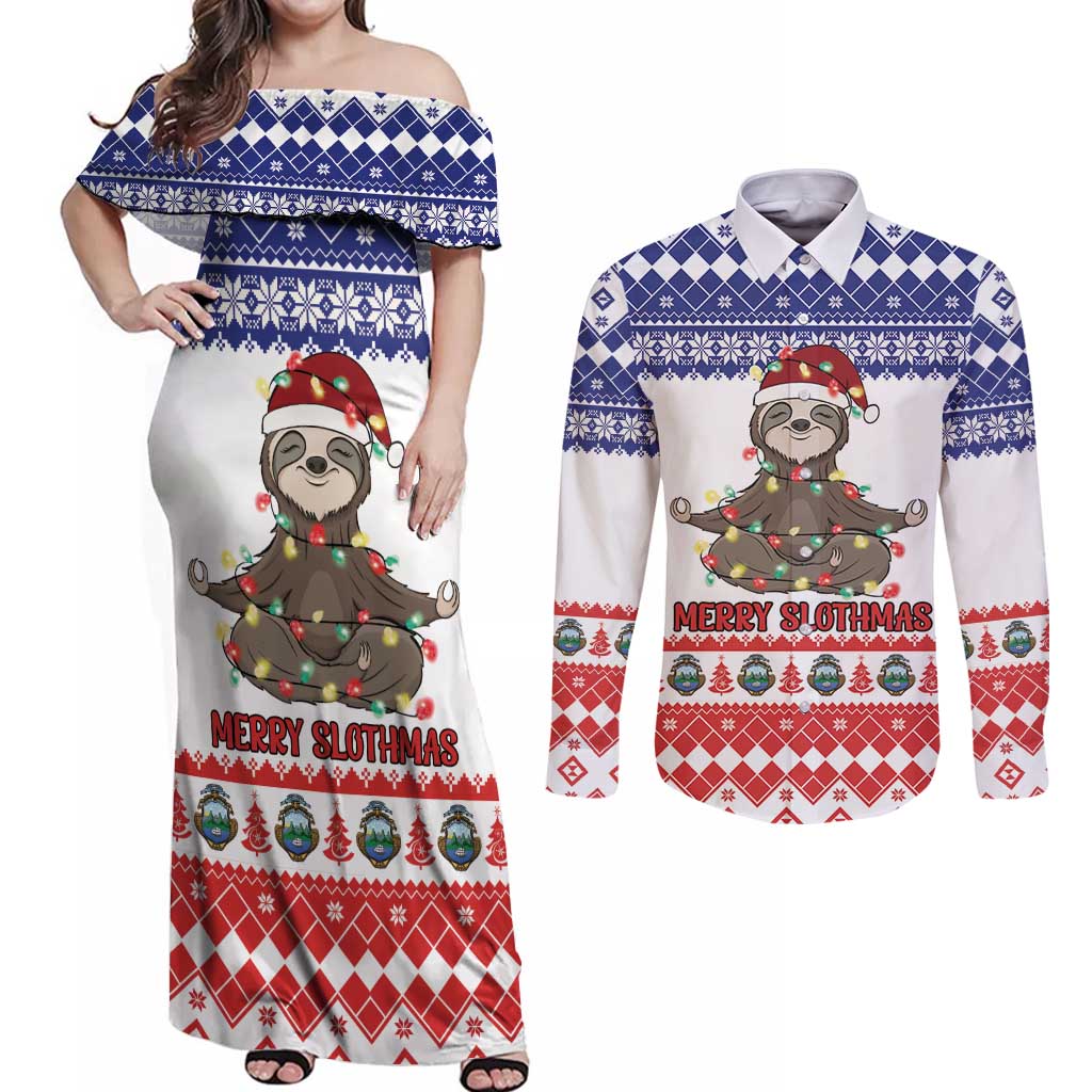 Costa Rica Christmas Couples Matching Off Shoulder Maxi Dress and Long Sleeve Button Shirt Merry Slothmas - Wonder Print Shop