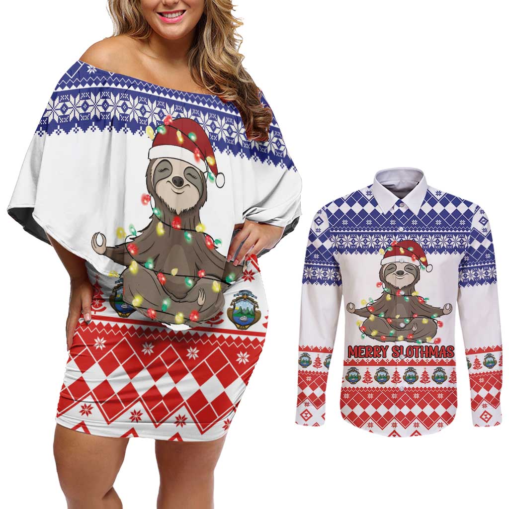 Costa Rica Christmas Couples Matching Off Shoulder Short Dress and Long Sleeve Button Shirt Merry Slothmas - Wonder Print Shop