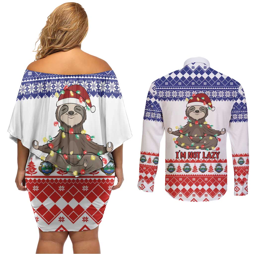 Costa Rica Christmas Couples Matching Off Shoulder Short Dress and Long Sleeve Button Shirt Merry Slothmas - Wonder Print Shop