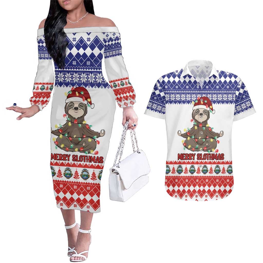 Costa Rica Christmas Couples Matching Off The Shoulder Long Sleeve Dress and Hawaiian Shirt Merry Slothmas - Wonder Print Shop