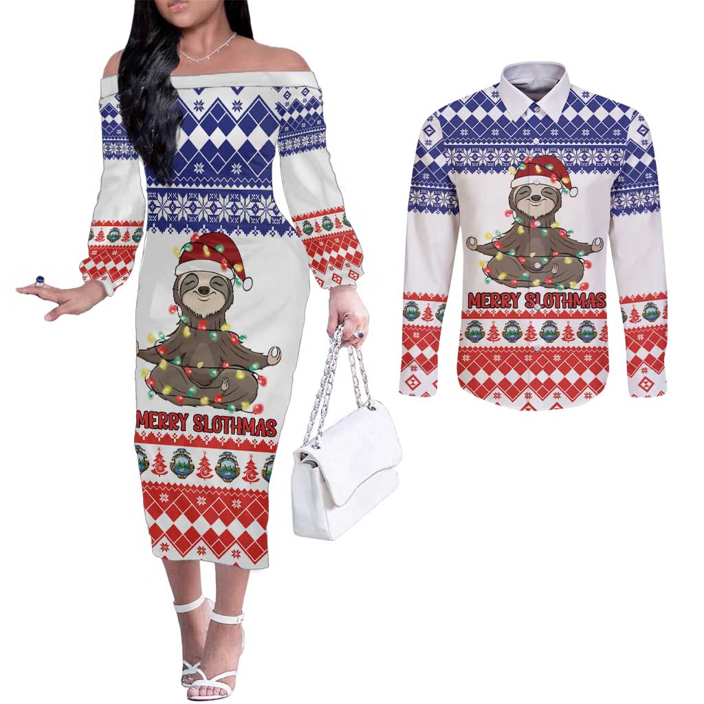 Costa Rica Christmas Couples Matching Off The Shoulder Long Sleeve Dress and Long Sleeve Button Shirt Merry Slothmas - Wonder Print Shop