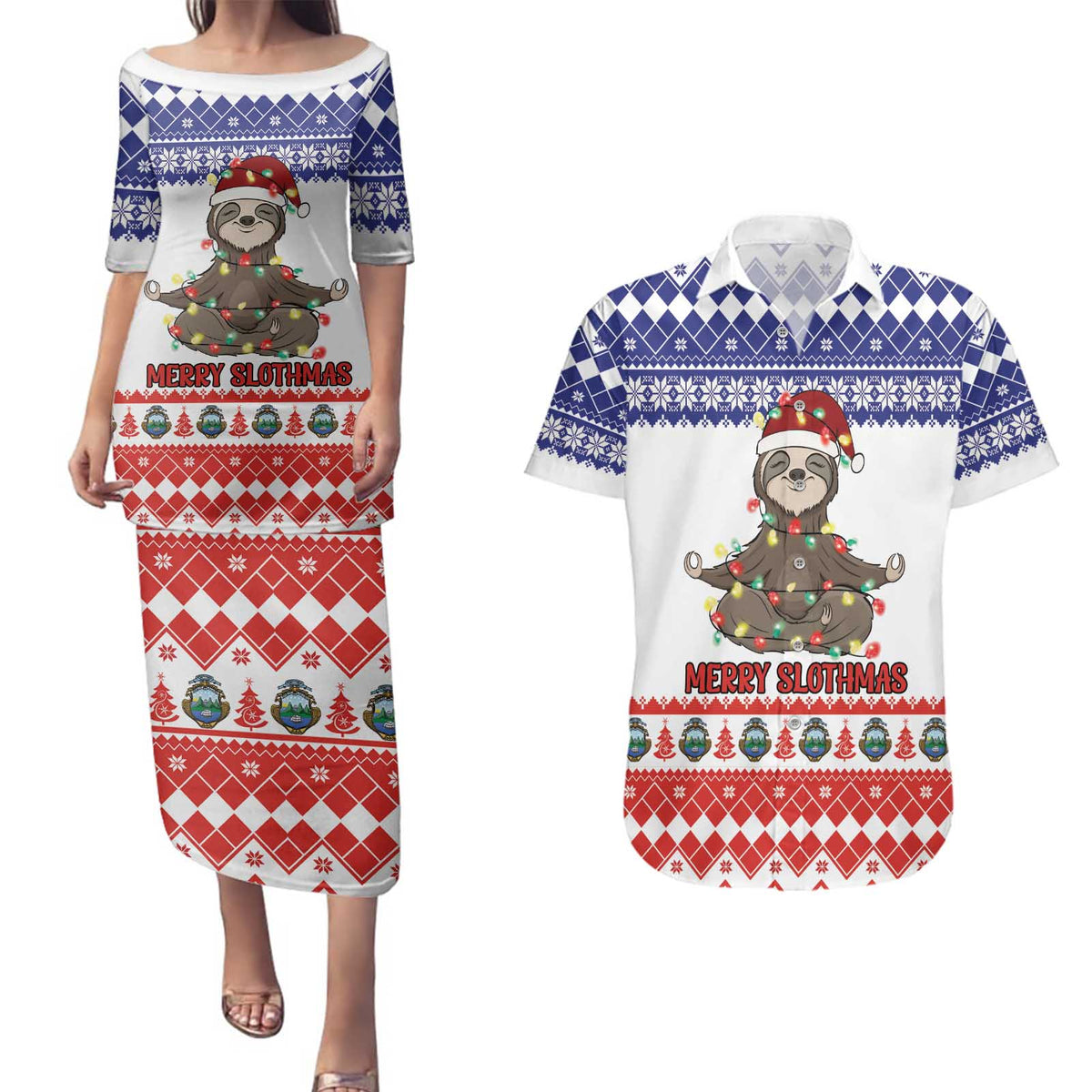 Costa Rica Christmas Couples Matching Puletasi and Hawaiian Shirt Merry Slothmas - Wonder Print Shop
